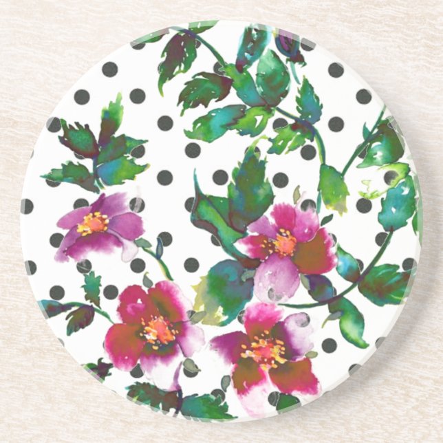Elegant pink magenta watercolor roses polka dots coaster (Front)
