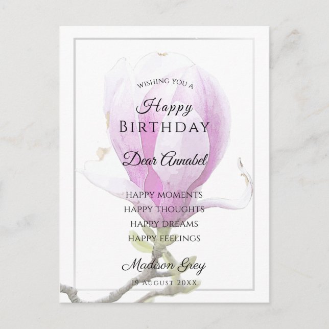 Elegant Pink Magnolia Birthday Wishes Postcard (Front)