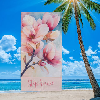 Elegant Pink Magnolia Blossoms Beach Towel