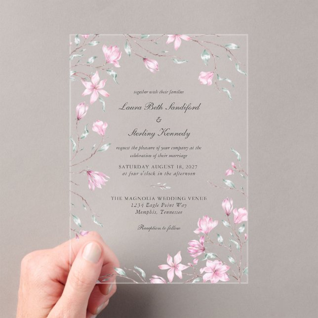 Elegant Pink Magnolia Floral Wedding Acrylic Invitations (Insitu (Handheld))