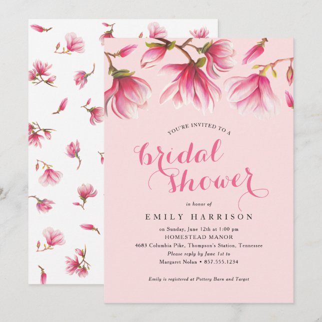 Elegant Pink Magnolia Flowers Bridal Shower Invitation (Front/Back)