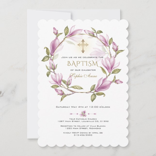 Elegant Pink Magnolia Flowers Wreath Gold Baptism Invitation (Front)