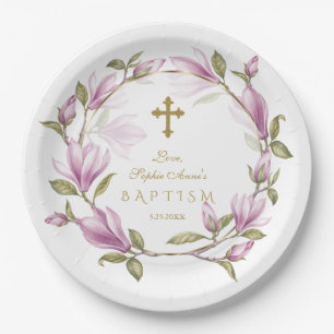 Elegant Pink Magnolia Flowers Wreath Gold Baptism Paper Plate