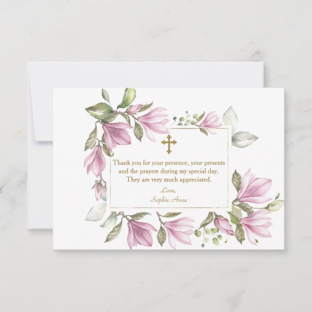Elegant Pink Magnolia Flowers Wreath Gold Baptism Thank You Card (Front)