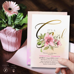 Elegant Pink Magnolia Gold Script It's a Girl Baby Invitation