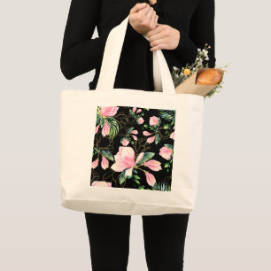 Elegant Pink Magnolia Pattern Watercolor Large Tote Bag