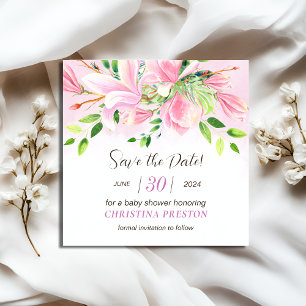 Elegant Pink Magnolia Watercolor Baby Shower Save The Date