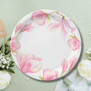 Elegant Pink Magnolia Watercolor Bridal Shower Paper Plate