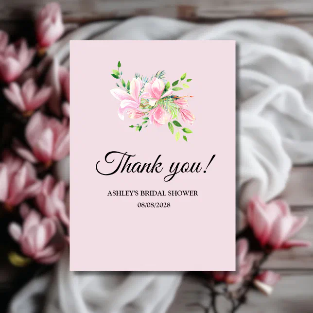Elegant Pink Magnolia Watercolor Bridal Shower Thank You Card | Zazzle