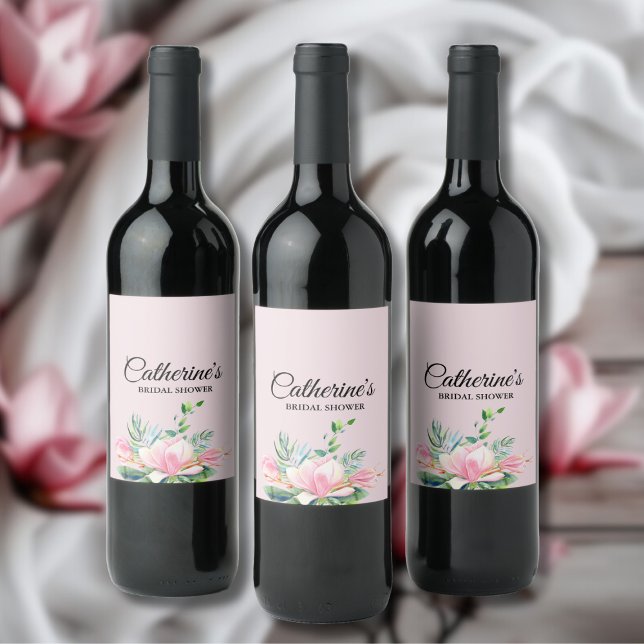 Elegant Pink Magnolia Watercolor Bridal Shower Wine Label (Elegant Pink Magnolia Watercolor Bridal Shower Wine Label)