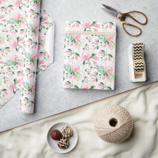 Elegant Pink Magnolia Watercolor Gift Wrapping Paper (Crafts)