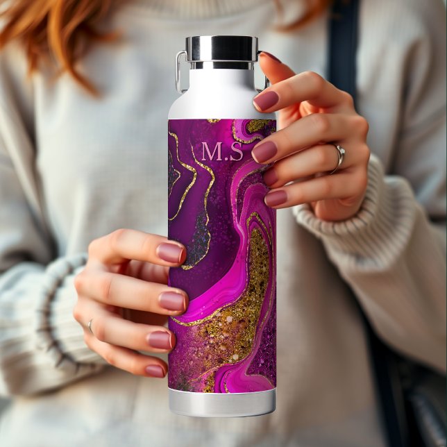 Elegant pink marble art faux gold glitter water bottle (Creator Uploaded)