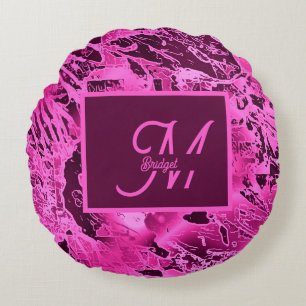 Elegant Pink Marble bold Monogram Typography Round Cushion