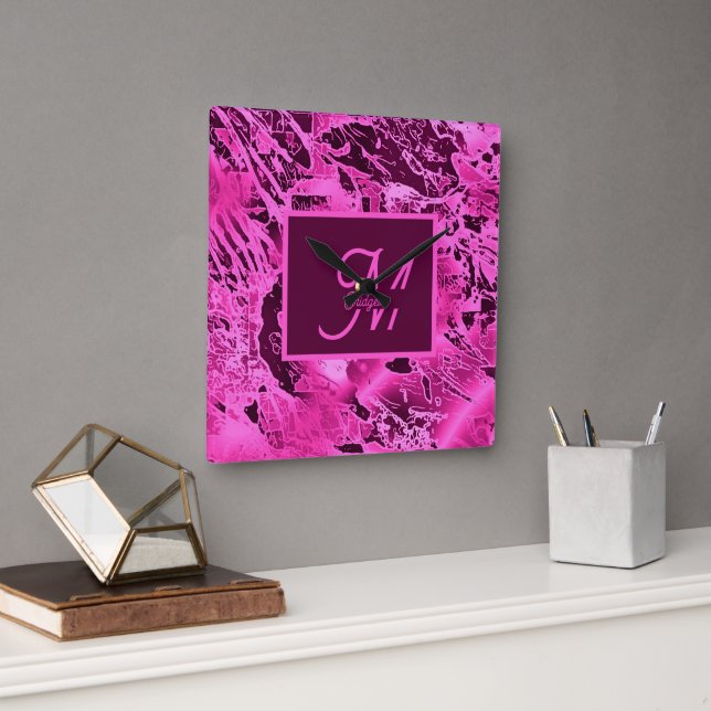 Elegant Pink Marble bold Monogram Typography Square Wall Clock (Office)