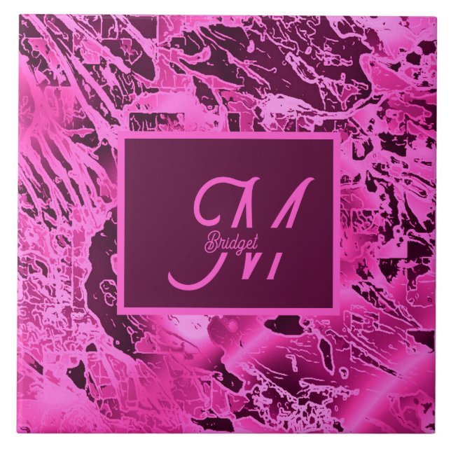 Elegant Pink Marble bold Monogram Typography Tile (Front)