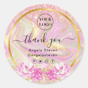 Elegant Pink Marble Floral Chic Gold Glitter Classic Round Sticker