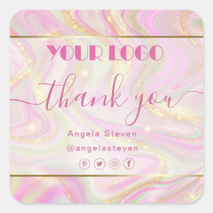 Elegant Pink Marble Floral Chic Gold Glitter Square Sticker