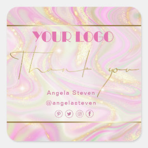 Elegant Pink Marble Floral Chic Gold Glitter Square Sticker