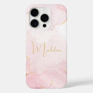 Elegant Pink Marble Gold Script Name iPhone 16 Pro Case