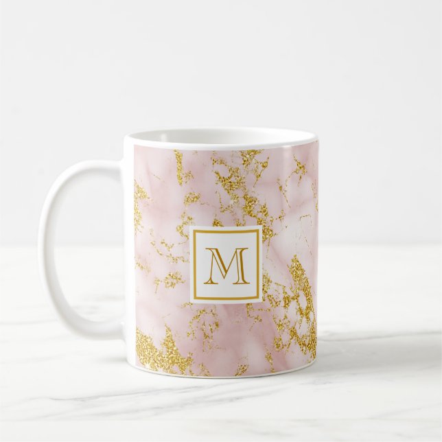 Elegant Pink Marble Monogram Faux Gold Glitter Coffee Mug (Left)