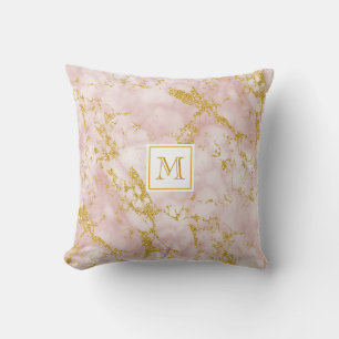 Elegant Pink Marble Monogram Faux Gold Glitter Cushion