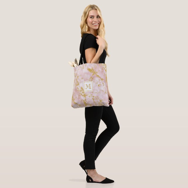 Elegant Pink Marble Monogram Faux Gold Glitter Tote Bag (On Model)