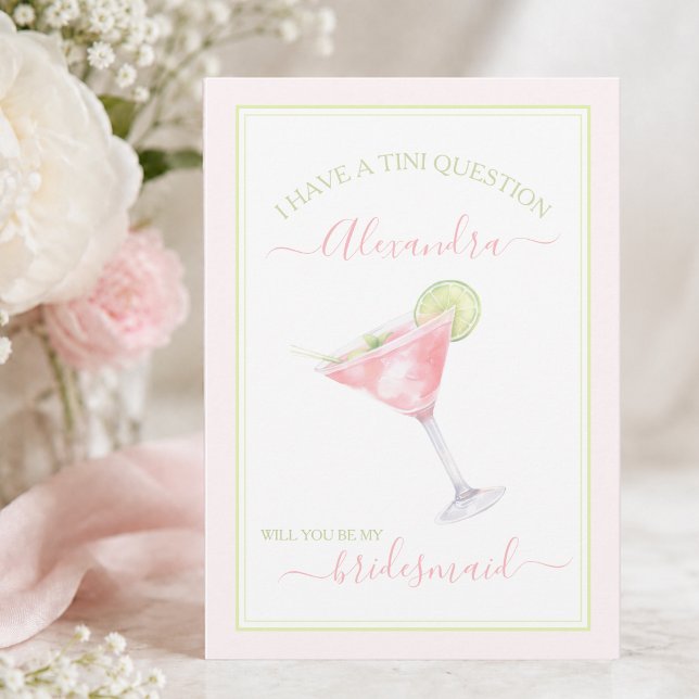 Elegant Pink Martini Bridesmaid Card (elegant modern watercolor pink martini bridesmaid proposal card with custom bridesmaid name)