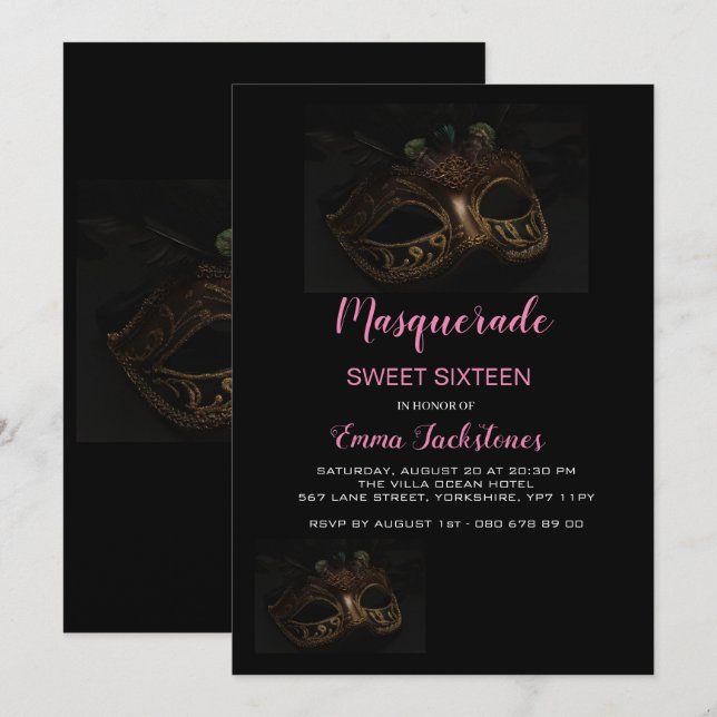 Elegant Pink Masquerade Mask Theme Sweet Sixteen  Invitation (Front/Back)
