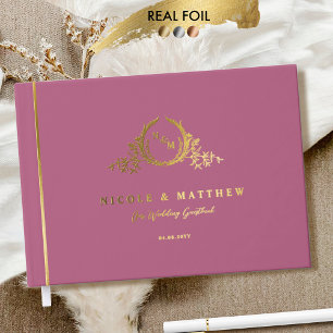 Elegant Pink Mauve and Real Foil Monogram Wedding Guest Book
