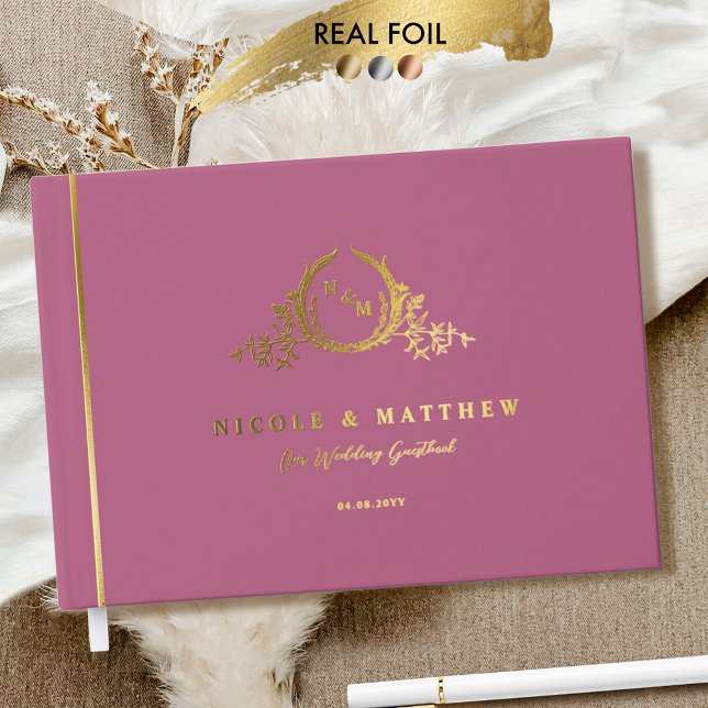 Elegant Pink Mauve and Real Foil Monogram Wedding Guest Book (Creator Uploaded)