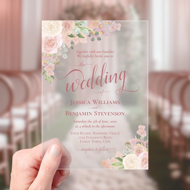 Elegant Pink & Mauve Boho Chic Roses Fancy Wedding Acrylic Invitations (Frosted Acrylic with Rectangle Cut)