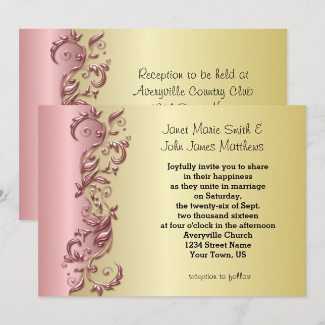 Elegant Pink Mauve & Gold Florid Wedding Invitation (Front/Back)