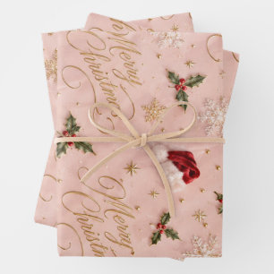 Elegant Pink Merry Christmas Santa Hat Wrapping Paper Sheet