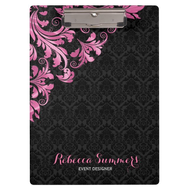 Elegant Pink Metall Lace Black Damasks Clipboard (Front)