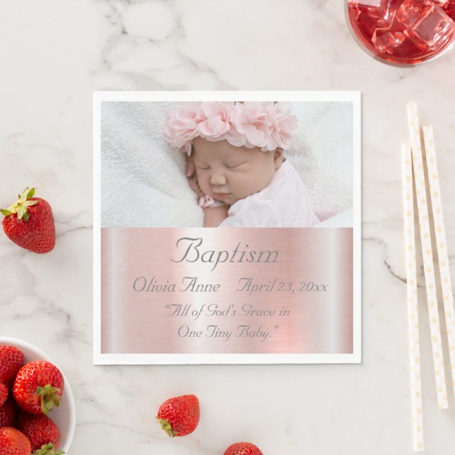 Elegant Pink Metallic Photo Name Baby Girl Baptism Napkin (Insitu)