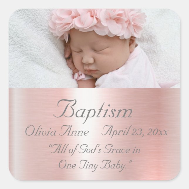 Elegant Pink Metallic Photo Name Baby Girl Baptism Square Sticker (Front)