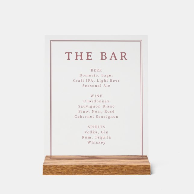 Elegant Pink Minimalist Bar Menu Acrylic Sign (Front)