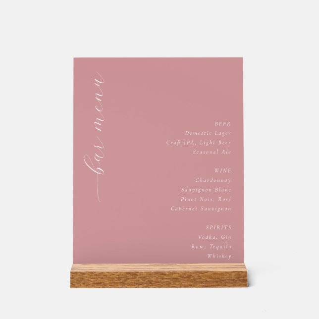 Elegant Pink Minimalist Bar Menu Acrylic Sign (Front)