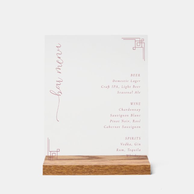 Elegant Pink Minimalist Bar Menu Acrylic Sign (Front)