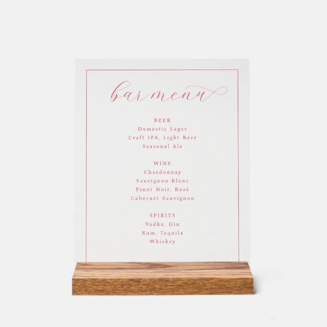 Elegant Pink Minimalist Bar Menu Acrylic Sign (Front)