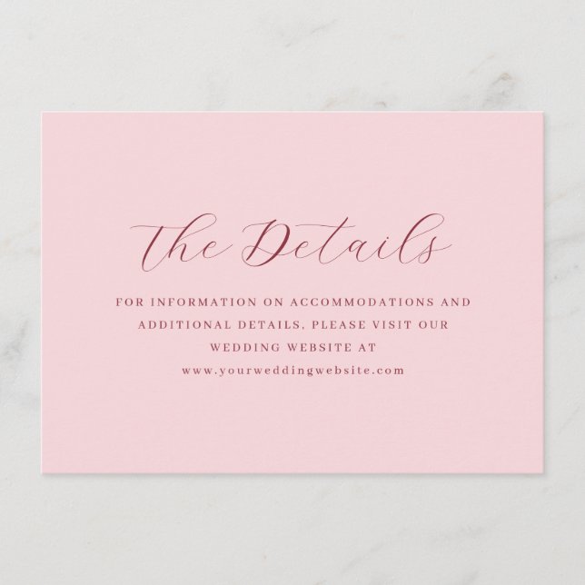 Elegant Pink Minimalist Wedding Details Card (Front)