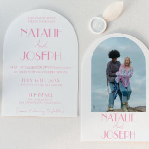 Elegant Pink Minimalist Wedding Photo Arched  Invitation