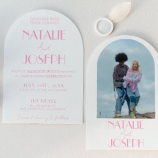 Elegant Pink Minimalist Wedding Photo Arched  Invitation