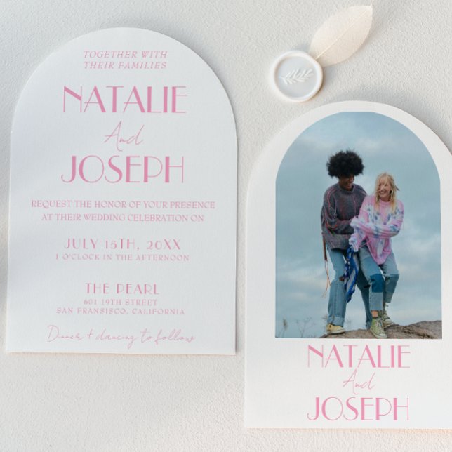 Elegant Pink Minimalist Wedding Photo Arched  Invitation (Creator Uploaded)