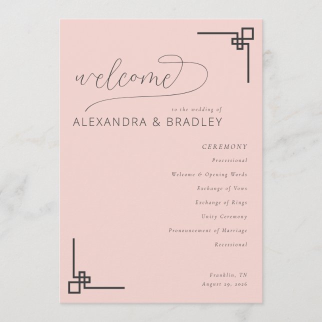 Elegant Pink Minimalist Wedding Schedule Programme (Front)