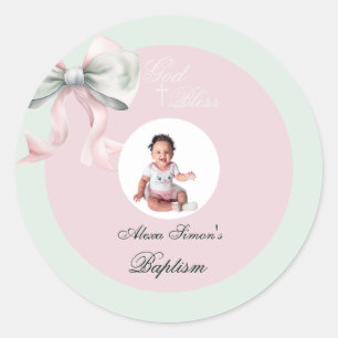 Elegant Pink Mint Bow Baptism for Baby Girl Classic Round Sticker