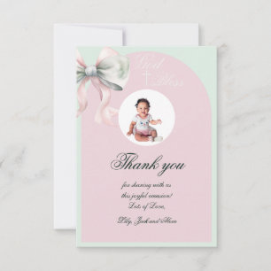 Elegant Pink Mint Bow Baptism for Baby Girl Thank You Card