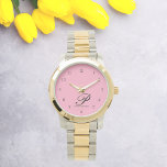Elegant Pink Modern Initial Monogram Watch<br><div class="desc">Elevate your style with this elegant timepiece, featuring a customisable design that reflects your unique identity. You can put a name of your choice on the watch and personalise it that way, making it a cherished accessory for any occasion. Embrace the perfect blend of sophistication and individuality in every glance....</div>