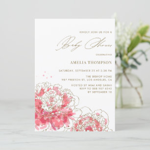 Elegant Pink Modern Peonies Floral Baby Shower Invitation
