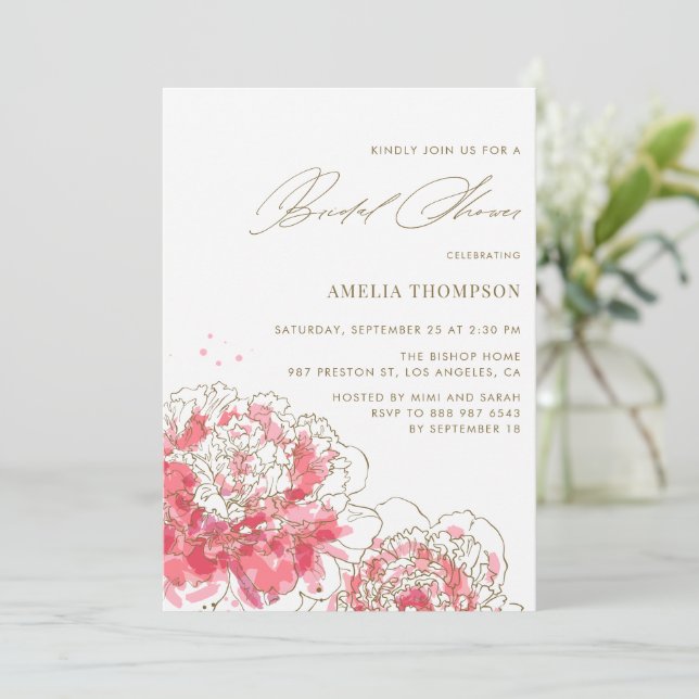 Elegant Pink Modern Peonies Floral Bridal Shower Invitation (Standing Front)